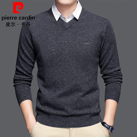 Pierre Cardin cardigan men's 100% wool fake two-piece sweater autumn and winter thick bottoming shirt warm shirt collar sweater for men light khaki M (170)