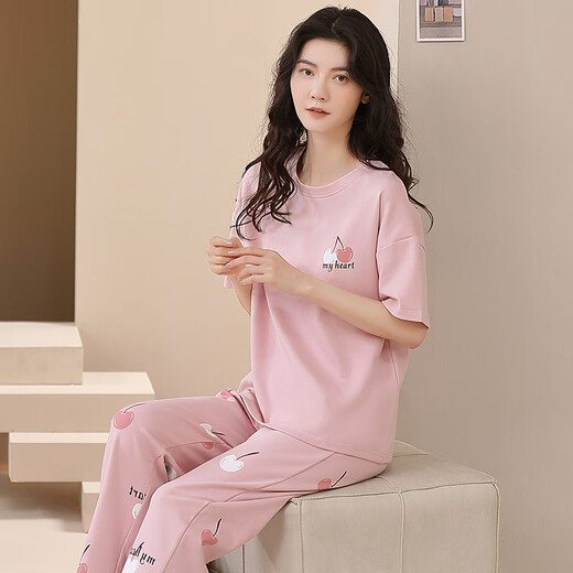 
Hongdou 2024 new pajamas for women, summer pure cotton short-sleeved trousers, spring, autumn, summer, summer thin home clothing set YS-683 XL
