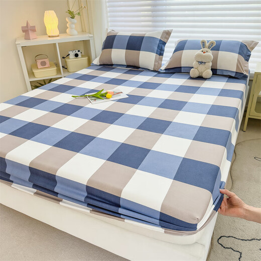 Lai Shuo fitted sheet single piece pastoral style fully washed cotton brushed non-slip single bed cover Simmons single printed mattress protector blue and white large grid 180*200CM fitted sheet + 2 pillowcases
