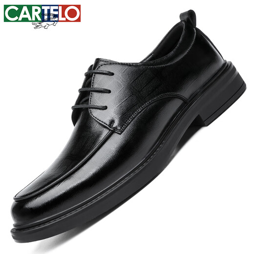 卡帝乐鳄鱼（CARTELO）纹男士皮鞋耐磨软牛皮休闲皮鞋男商务圆头厚底男鞋9671 黑色 41