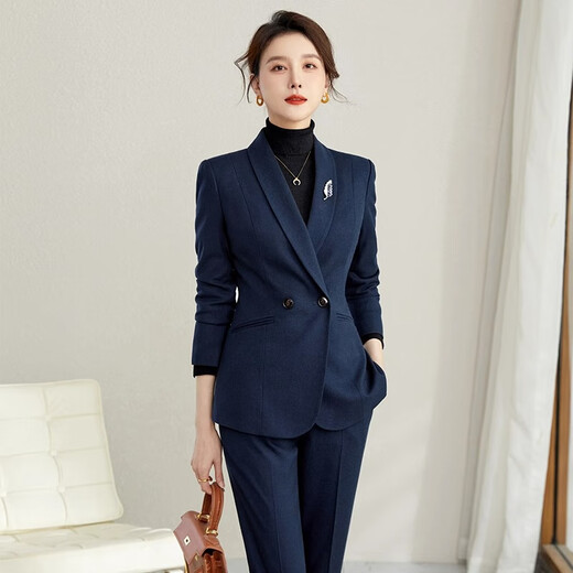 ROMON high-end professional suit, thickened formal suit, winter professional suit, fashionable commuting suit for women, navy blue suit jacket + trousers XL