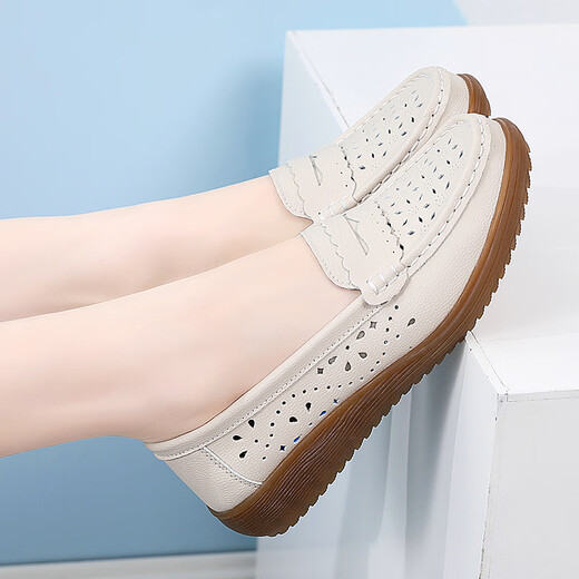 Meisiniao (Meisiniao) Frauenschuhe für Sommer-Mutterschuhe weiche Sohle Kuhlattenschuhe bequeme Mitte des mittleren und älteren Einzelschuhe Nicht-Schlupf-Rindfleisch-Sehnen-Rindfleischschuhe für Frauen 826 Beige (ausgehöhlt) 37
