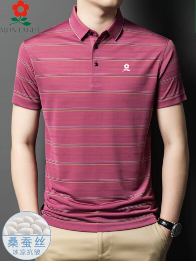 
Mengtejiao men's striped men's short-sleeved T-shirt mulberry silk summer middle-aged business casual mulberry silk lapel polo shirt A829-blue single size 165/M suitable for 100-115Jin [Jin equals 0.5 kg]