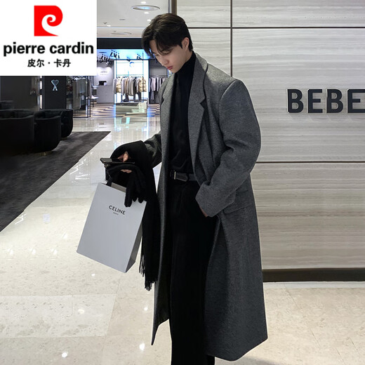 Pierre Cardin Spring and Autumn Korean Maillard Woolen Coat Men's Mid-Length Shoulder-Pad Windbreaker Over-the-Knee Loose Woolen Coat Brown (Single Lined) M