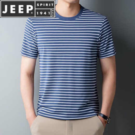 JEEP SPIRIT夏季加肥加大码胖子海魂衫短袖T恤男士中老年宽松蓝白条纹海军衫 9866绿色 XL 180