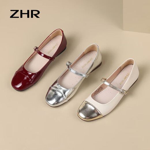 ZHR单鞋女秋季浅口玛丽珍鞋子镜面一字式搭扣女鞋 AH335 银色 38 