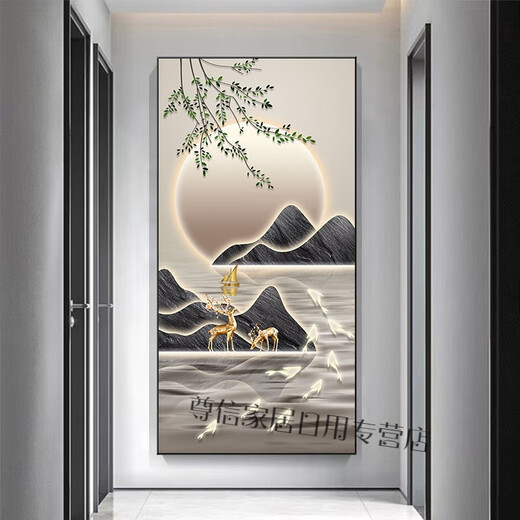 灏吉象现代简约玄关装饰画轻奢入户走廊过道墙壁画新中式九鱼图玄幻挂 9717 40*80布纹膜铝合金黑框 金框备注