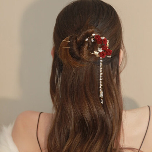 Mengkeduo Red Rose Tassel Hairpin New Chinese Style Ancient Style U-shaped Hairpin Bridal Toast Wear Hairpin High-end Hair Accessory Red Rose Tassel Hairpin Gold