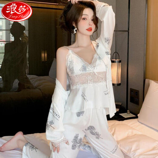 浪莎（LangSha）冰丝睡衣三件套女春秋薄款长袖吊带长裤蕾丝花边性感家居服带胸垫 12041短.袖+吊带+短裤 M 建议80-100斤】