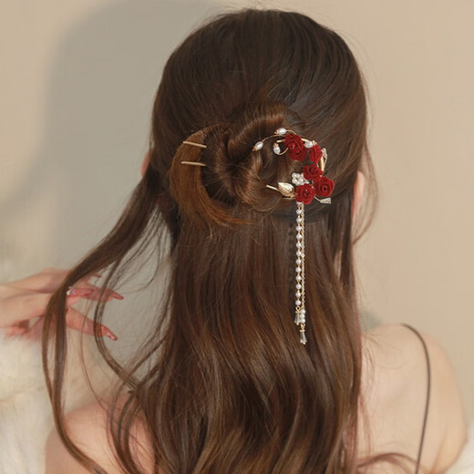 Mengkeduo Red Rose Tassel Hairpin New Chinese Style Ancient Style U-shaped Hairpin Bridal Toast Wear Hairpin High-end Hair Accessory Red Rose Tassel Hairpin Gold
