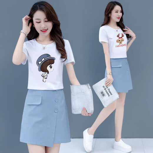Fini Dongjue small dress suit for women in summer 2025 new T-shirt two-piece short skirt for female students a-line skirt. Han 6199# white top + yellow skirt [Set S