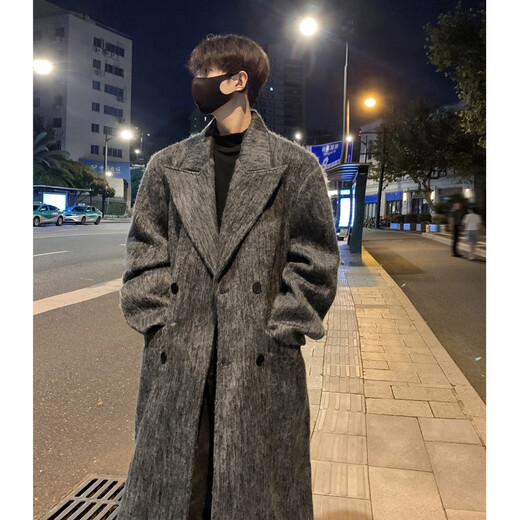 NEW OR MODE Heavy Korean style long woolen coat men's autumn and winter trendy brand loose coat vibe high street casual couple windbreaker dark gray XL