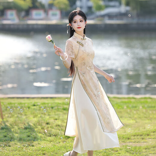 New Chinese style Ao Dai cheongsam, an elegant style for young girls that can be worn daily to cover the flesh and look slimming, retro dress J1324, apricot 2XL (125-135Jin Jin is equal to 0.5kg)