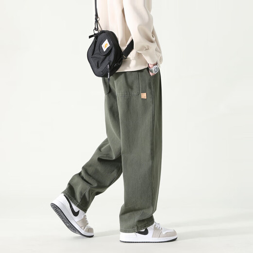 Dingfengbaoluo casual trousers pure cotton loose straight pants autumn wide-leg workwear pants men HM9901 military green XL