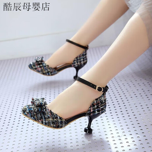 Ye Yu girl 9-year-old child high-heeled shoes princess shoes 2024 new primary school students performance children's sandals stiletto heel 12 summer black heel height 6 cm 32 / inner length 21CM