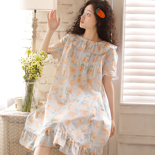 Yalu Summer Women's Pure Cotton Double-Layer Makegown Nightgown Nightgown Японская сладкая и симпатичная пулочка с короткими рукавами средней длины новая домашняя пижама 3893 синяя вышивка M: (предлагается 98-110JIN [Jin равняется 0,5 кг])