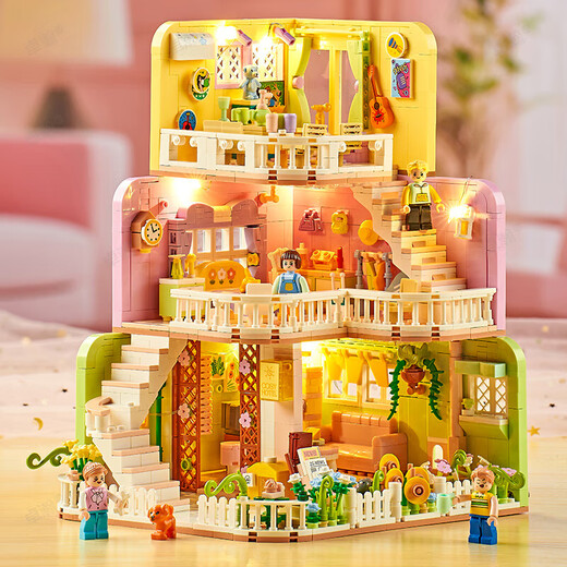 
Zhegao Family Qifu Building Blocks (ZHEGAO) Girls' Villa House Building Blocks Compatible with Lego Garden Hotel Castle Girls 6-12 years old assembled toys Playing House Double Floor - Wangwang Apartment + 1048 pellets of light