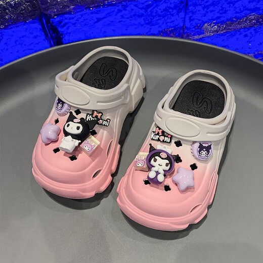 Xianzheyi Children's Slippers Girls Gradient Croc Shoes Summer Style 2024 Kuromi Girls Beach Baotou Sandals Anti-Slip Parent-child Upgraded White Pink 32-33 Inner Length 20