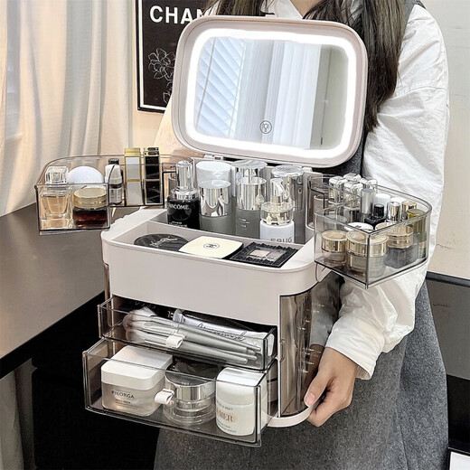 Yunya cosmetics storage box with mirror, dust-proof, rotatable large-capacity box, desktop with light, integrated skin care product storage rack, elegant white, all-in-one portable model