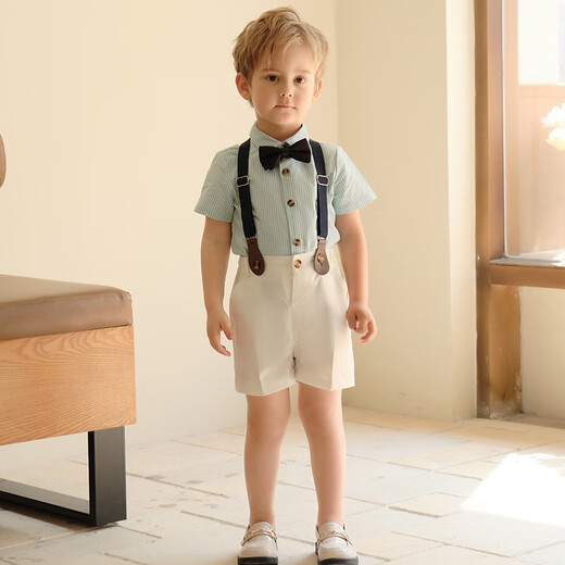 Luobobe (luobobeibei) Kinderkleider Jungen Frühling und Sommer Britisch-Streifen-Overhirts Hemd Set Green Shirt Vierteilige Set 120