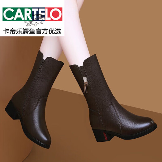 Kartel-Frauenschuhe mittlere Mutterstiefel mittelschweren Stiefeln der Frauen und Samt-Baumwollstiefel 2025 Neue Baumwollschuhe Winter Dicke Lederschuhe echtes Lederbraun (plus Samt) 9716 38