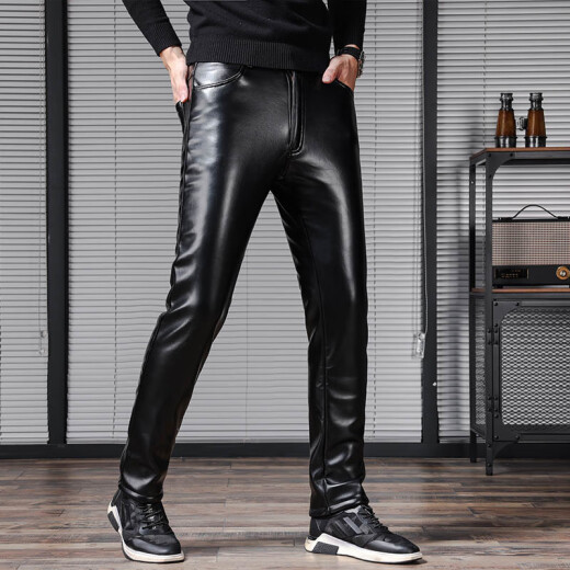 RJBT slim leather pants men's winter plus velvet and thickened men's small feet men's warm motorcycle riding waterproof and windproof cotton pants belt style (velvet and thickened elastic style) 28 two feet one suitable for about 95 Jin [Jin is equal to 0.5 kg]