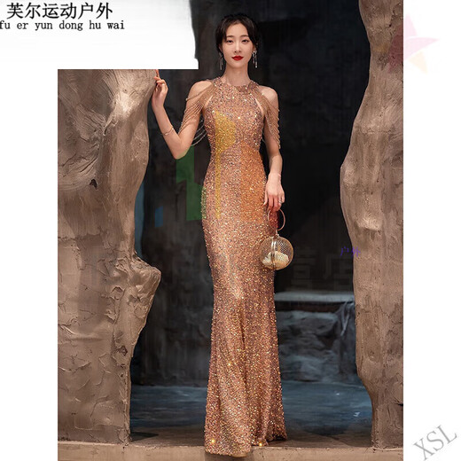 Ayubujie Yintong beautiful evening dress for women 2025 light luxury niche banquet temperament host shiny fish tail skirt piece wine piece champagne golden fish tail long P S