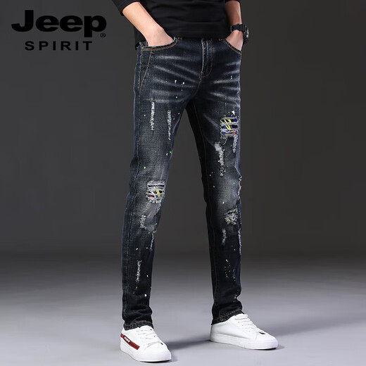 JEEP SPIRIT高端破洞牛仔裤男秋夏款潮牌刮烂弹力新款修身小脚夏季男士长裤子 687黑色 36
