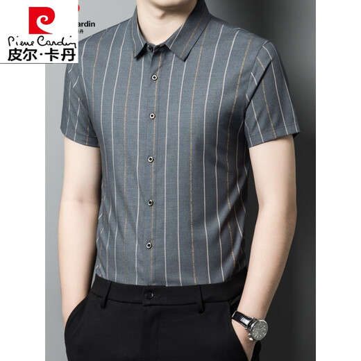 Pierre cardin summer short-sleeved men's shirt men's summer short-sleeved solid color cotton business casual non-iron cotton middle-aged and young shirt men dark gray Pierre cardin 2603 M