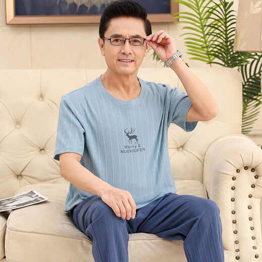 啄木鸟（TUCANO）棉质夏季短袖长裤男士睡衣中年爸爸套头休闲套装老年人薄款家居服 NXF9711 XL 码(建议140-160d