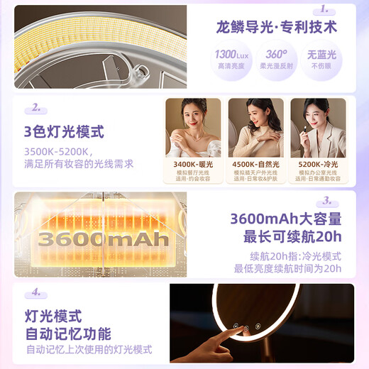 Gevilan 3D linkage makeup mirror with light LED fill light beauty mirror desktop dressing table high-definition makeup mirror Chinese Valentine's Day gift for wife and girlfriend M2 Milkshake White-Muxia Iris Gift Box