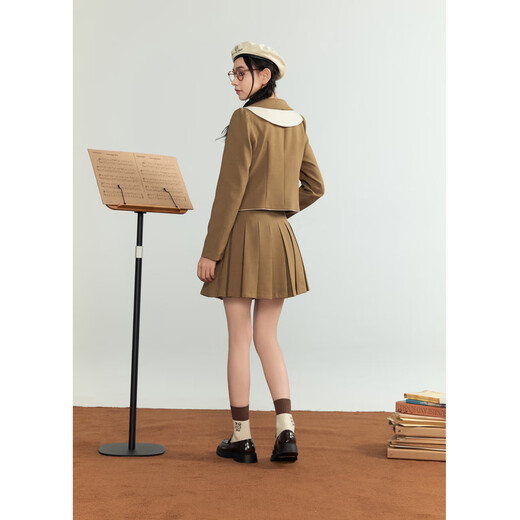 Zihan (ZIHAN) Zihan college style double-layer lapel bow top short pleated skirt two-piece suit for women autumn light coffee M