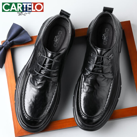 CARTELO Britische Herren-Lederschuhe, atmungsaktive Business-formelle Schuhe, Handkratzmuster, niedrig geschnittene Lederschuhe mit dicken Sohlen für Herren, 9905, Schwarz, 41