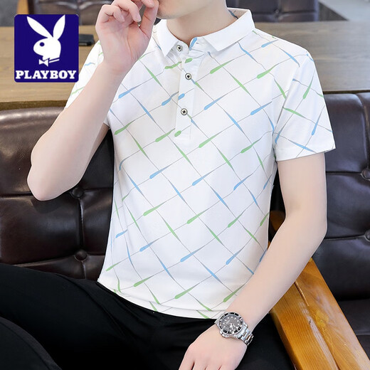 花花公子;PLAYBOY2025夏季新款短袖t恤男潮牌半袖领口舒适纯色男士上衣高级pol,o衫 F9226卡其 2XL