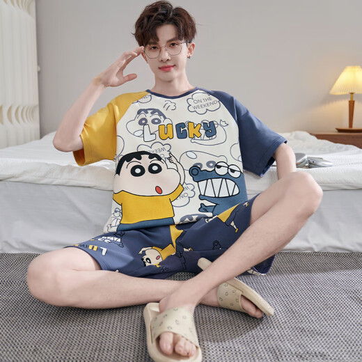 
Qiao Tong men's pajamas summer pure cotton short sleeves 2025 new thin style youth student cartoon large size home clothing set YX 7029 (pure cotton fabric) XL 175CM recommended weight 135-155