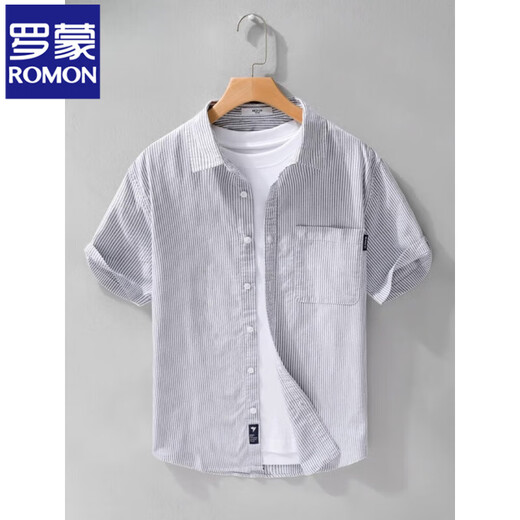 
ROMON men's pure cotton short-sleeved shirt Japanese casual summer thin new striped shirt trendy splicing top 9740 black 2XL