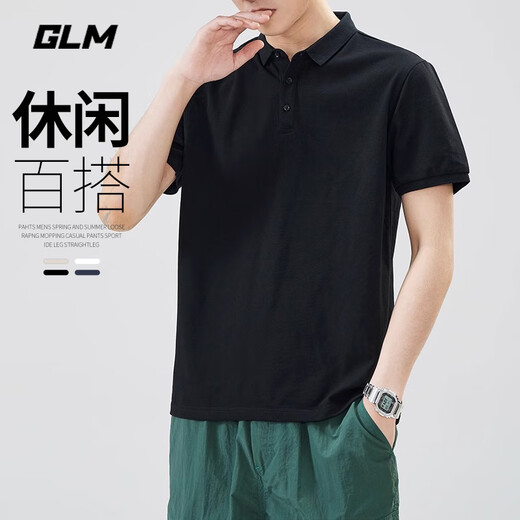 GLM短袖t恤男透气夏季翻领polo衫速干T恤冰丝感休闲运动上衣黑色2XL