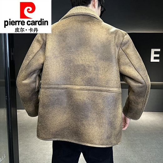 Pierre Cardin (Pierre Cardin) fur one-piece lamb wool jacket for men, velvet, thickened and warm, winter 2025 new fashionable knitted brown M (90-115Jin Jin equals 0.5kg)