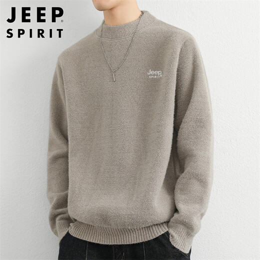JEEP SPIRIT Jeep sweater men's autumn and winter Korean style round neck sweater men's one-piece velvet warm sweater light gray XL