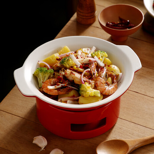 Duo Meiran hotel ceramic casserole dry pot pot commercial restaurant alcohol stove heating candle insulation open stove pot small hot pot 9-inch red (dual ears) shallow pot + stove base round body