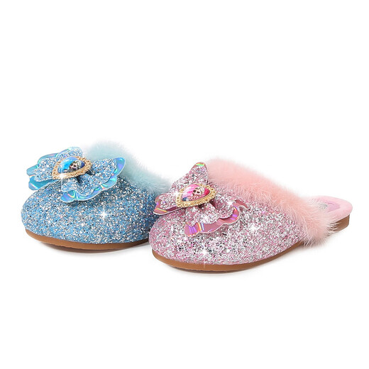 Children's Winter Plush Mops Fashion New Girls Elsa Princess Fashion Home Flat Heel Baotou Warm Cotton Mops Blue Plush 28 Size 28