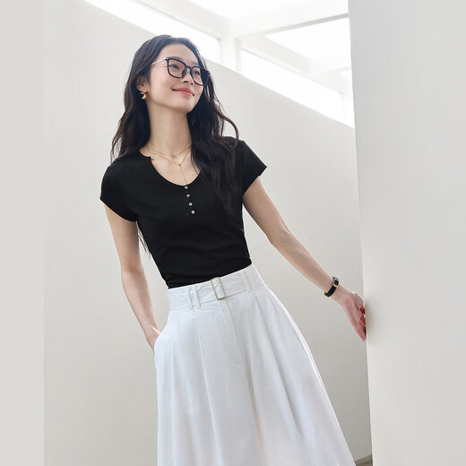 梵希蔓纯色正肩U领短袖T恤女2025年夏季新款简约百搭修身显瘦上衣 M9731 黑色 XL