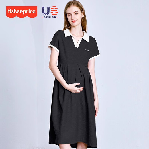 Fisher-Price American Fisher Maternity Dress Summer 2025 Maternity Dress Summer Lapel T-shirt Fashion Loose Large Size Skirt Gray Dress + Skin Color Safety Pants L[120-135Jin[Jin equals 0.5 kg] suitable for wearing]