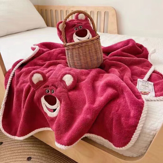 DisneyBaby children's bath towel set baby coral velvet wrap bath towel two-piece set 70*140cm Strawberry Bear-Red