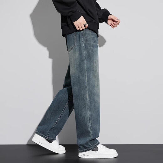 Jeanswest jeans men's autumn and winter new loose straight wide leg trendy versatile American retro plus velvet autumn casual pants 6843 retro blue plus velvet 31