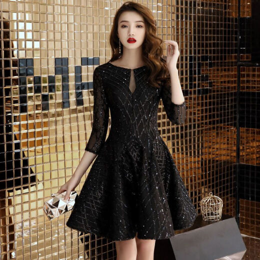 Langfu small evening dress short girls can wear women's 2023 new black dinner party cocktail party birthday party black 2XL