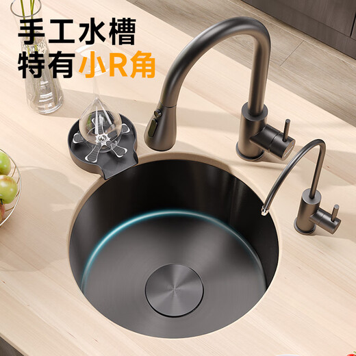 法派斯法国不锈钢水槽圆槽厨房转角水槽手工加厚吧台岛台阳台洗菜盆4118 3518枪黑|裸槽+下水