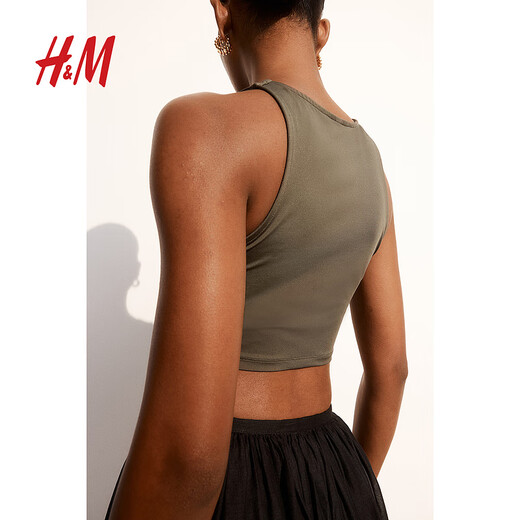 H&M女装背心吊带夏季修身柔软细纤维舒适短上衣1249751 卡其绿 165/96