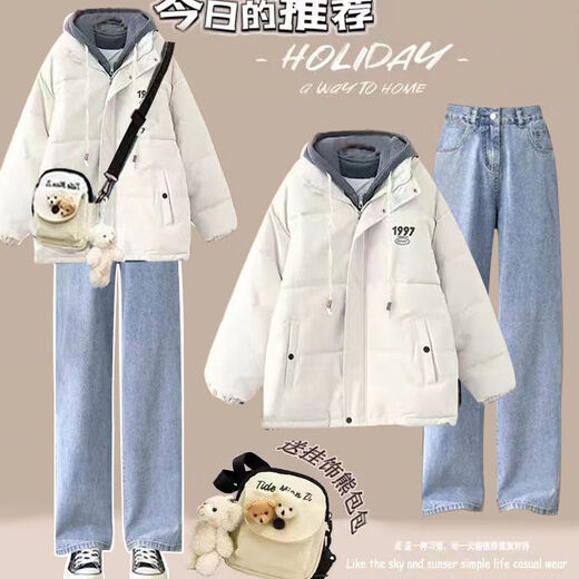 FHHUABD冬季女装全套小个子可爱加绒加厚包包套装女学生韩版宽松面包 牛仔裤 1396# S  建议80-95斤