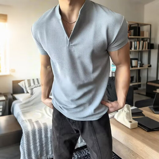 
Digada ins American Henry Neck POLO shirt short-sleeved T-shirt for men's summer waffle American sports fitness casual T-shirt JCF-H55 black XL